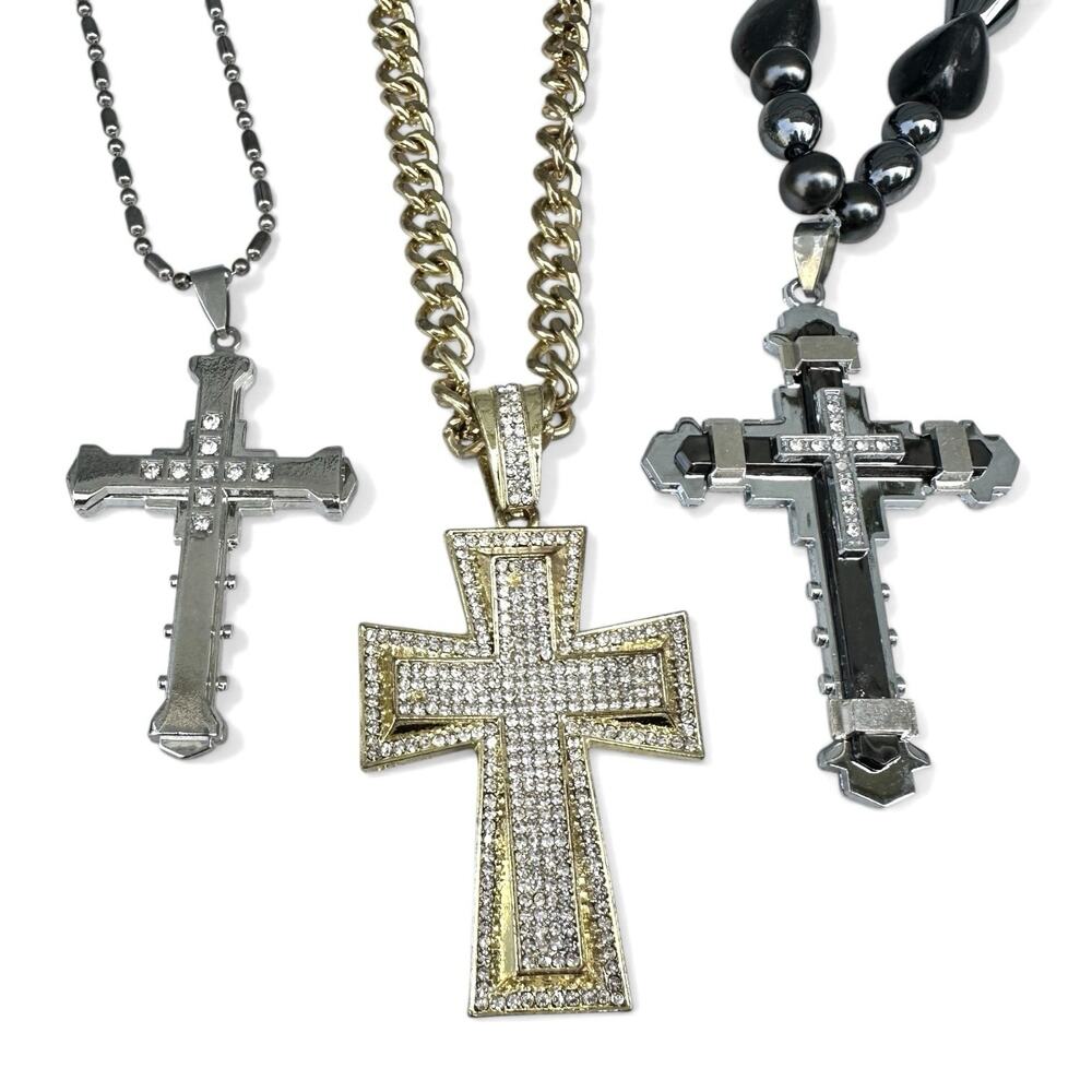 Cross Necklace Lot Men’s Hip Hop Style Gold Silver Tone Iced Rhinestone Black